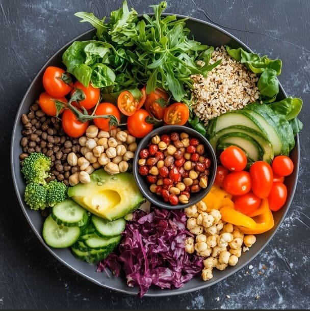 Assiette de crudités colorées représentant les bienfaits de la micronutrition sur sommeil et digestion